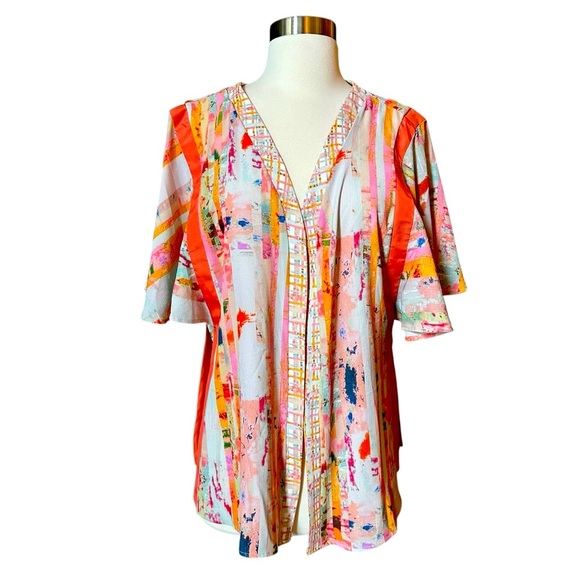 Anthropologie Floreat | Orange & Ivory Striped Boho Kimono Sleeve Top One Size - Picture 8 of 15